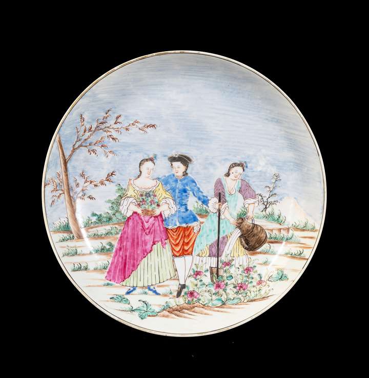 GG: Chinese export porcelain saucer dish with European Subject, Spring after Lancret